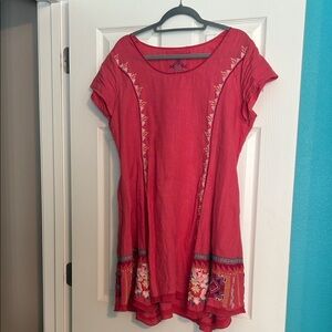 Johnny Was Pink Linen Floral Embroidered Mini Dress